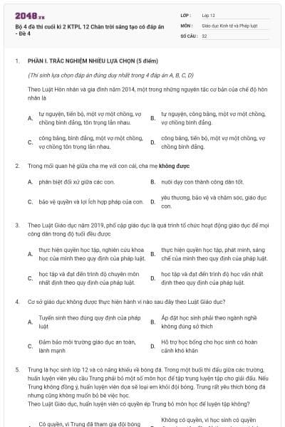 Bộ 4 đề thi cuối kì 2 KTPL 12 Chân trời sáng tạo có đáp án - Đề 4