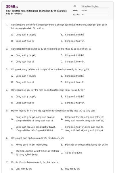 500+ câu trắc nghiệm tổng hợp Thẩm định dự án đầu tư có đáp án - Phần 3