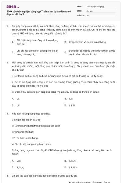 500+ câu trắc nghiệm tổng hợp Thẩm định dự án đầu tư có đáp án - Phần 5