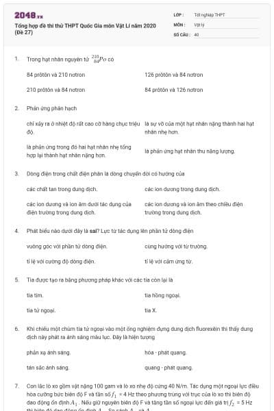 Tổng hợp đề thi thử THPT Quốc Gia môn Vật Lí năm 2020 (Đề 27)