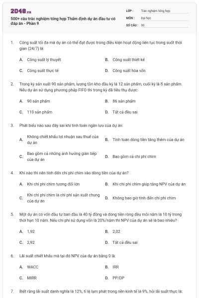 500+ câu trắc nghiệm tổng hợp Thẩm định dự án đầu tư có đáp án - Phần 9