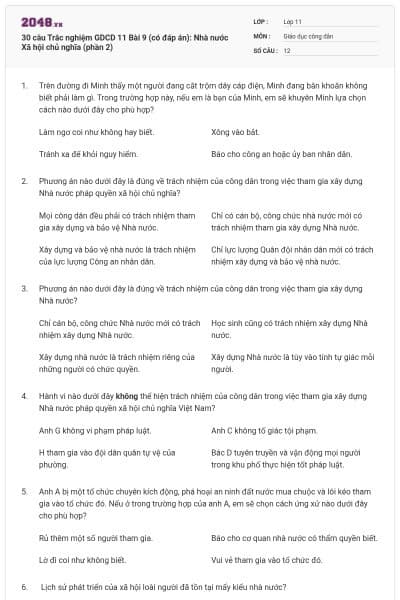 30 câu  Trắc nghiệm GDCD 11 Bài 9 (có đáp án): Nhà nước Xã hội chủ nghĩa (phần 2)