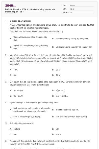 Bộ 3 đề thi cuối kì 2 Vật lí 11 Chân trời sáng tạo cấu trúc mới có đáp án - Đề 1