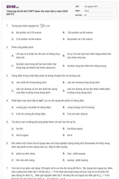 Tổng hợp đề thi thử THPT Quốc Gia môn Vật Lí năm 2020 (Đề 27)