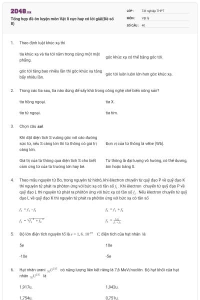 Tổng hợp đề ôn luyện môn Vật lí cực hay có lời giải(Đề số 8)