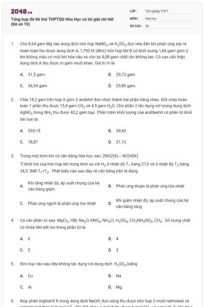 Tổng hợp đề thi thử THPTQG Hóa Học có lời giải chi tiết (Đề số 10)