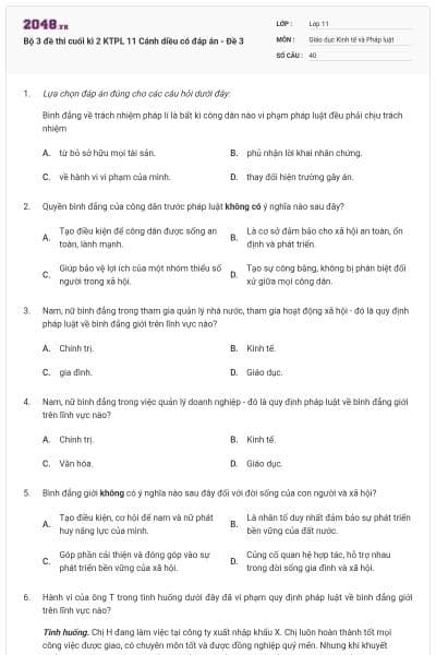 Bộ 3 đề thi cuối kì 2 KTPL 11 Cánh diều có đáp án - Đề 3