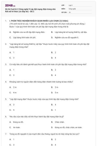 Đề thi Cuối kì 2 Công nghệ 9 Lắp đặt mạng điện trong nhà Kết nối tri thức (có đáp án) - Đề 2