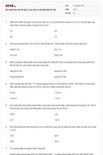 Đề minh họa đề thi Vật Lí cực hay có lời giải (Đề số 26)