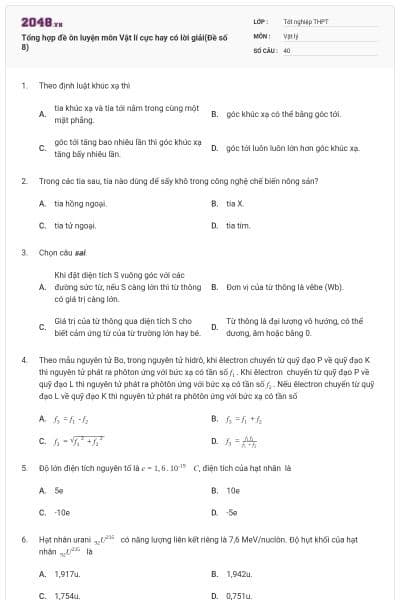 Tổng hợp đề ôn luyện môn Vật lí cực hay có lời giải(Đề số 8)