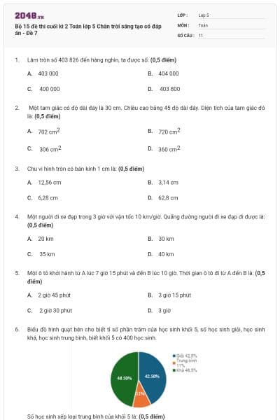 Bộ 15 đề thi cuối kì 2 Toán lớp 5 Chân trời sáng tạo có đáp án - Đề 7