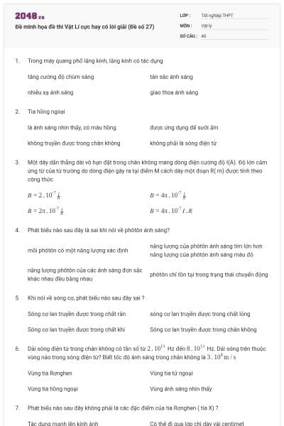 Đề minh họa đề thi Vật Lí cực hay có lời giải (Đề số 27)