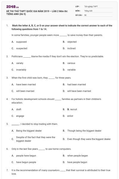 ĐỀ THI THỬ THPT QUỐC GIA NĂM 2019 – LẦN 2 Môn thi: TIẾNG ANH (Đề 5)