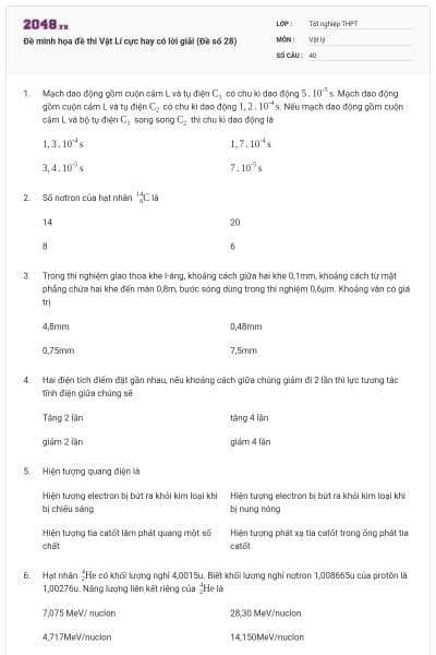 Đề minh họa đề thi Vật Lí cực hay có lời giải (Đề số 28)