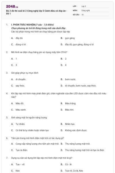 Bộ 2 đề thi cuối kì 2 Công nghệ lớp 5 Cánh diều có đáp án - Đề 1