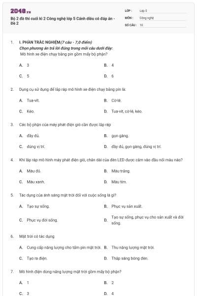 Bộ 2 đề thi cuối kì 2 Công nghệ lớp 5 Cánh diều có đáp án - Đề 2