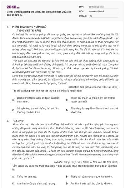 Đề thi Đánh giá năng lực ĐHQG Hồ Chí Minh năm 2025 có đáp án (Đề 17)