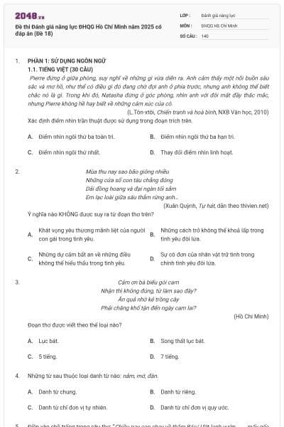 Đề thi Đánh giá năng lực ĐHQG Hồ Chí Minh năm 2025 có đáp án (Đề 18)