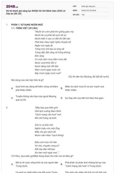 Đề thi Đánh giá năng lực ĐHQG Hồ Chí Minh năm 2025 có đáp án (Đề 20)