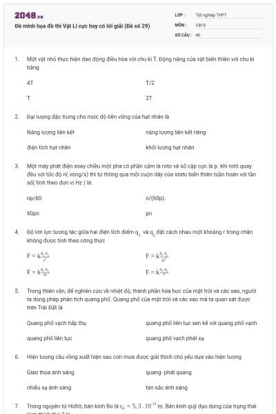 Đề minh họa đề thi Vật Lí cực hay có lời giải (Đề số 29)