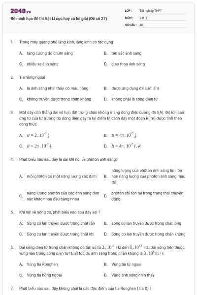 Đề minh họa đề thi Vật Lí cực hay có lời giải (Đề số 27)