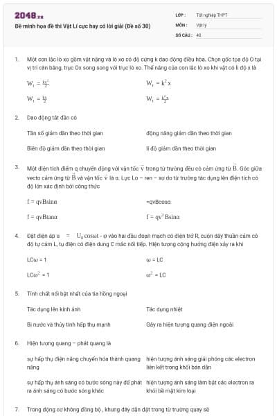 Đề minh họa đề thi Vật Lí cực hay có lời giải (Đề số 30)