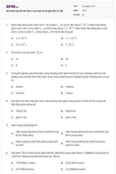 Đề minh họa đề thi Vật Lí cực hay có lời giải (Đề số 28)