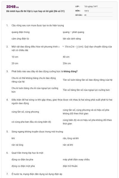 Đề minh họa đề thi Vật Lí cực hay có lời giải (Đề số 31)