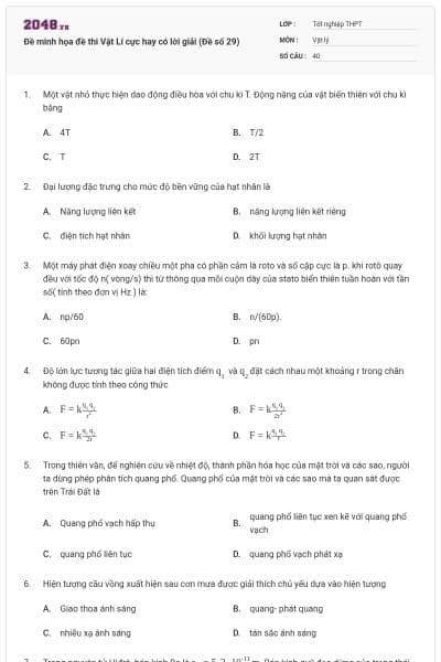 Đề minh họa đề thi Vật Lí cực hay có lời giải (Đề số 29)