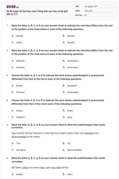30 đề luyện thi Đại Học môn Tiếng Anh cực hay có lời giải (Đề số 27)