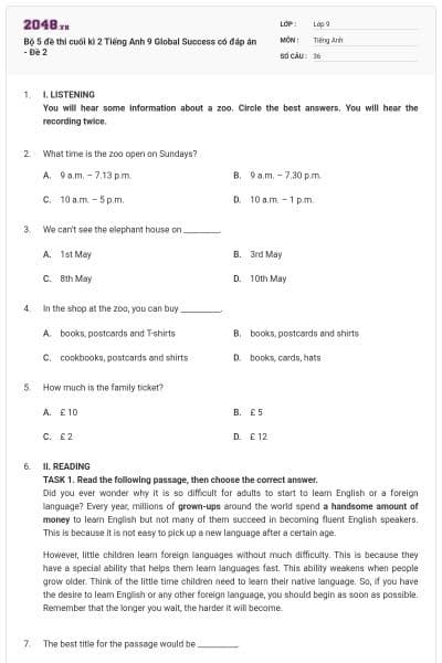 Bộ 5 đề thi cuối kì 2 Tiếng Anh 9 Global Success có đáp án - Đề 2