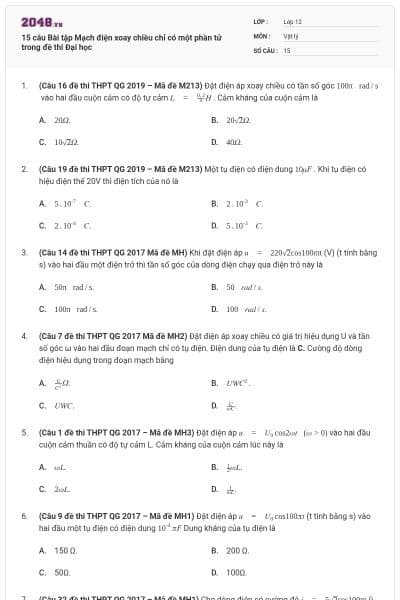 15 câu Bài tập Mạch điện xoay chiều chỉ có một phần tử trong đề thi Đại học
