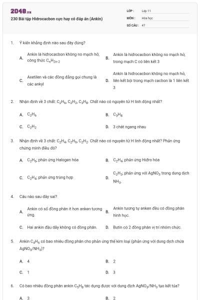 230 Bài tập Hidrocacbon cực hay có đáp án (Ankin)
