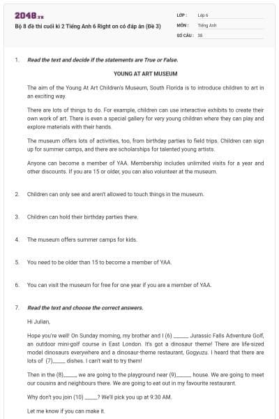 Bộ 8 đề thi cuối kì 2 Tiếng Anh 6 Right on có đáp án (Đề 3)