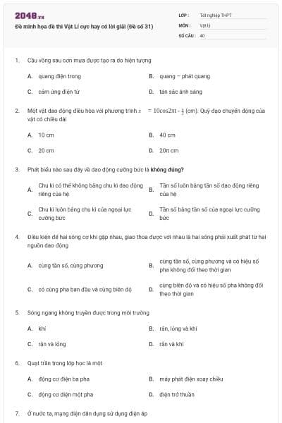 Đề minh họa đề thi Vật Lí cực hay có lời giải (Đề số 31)