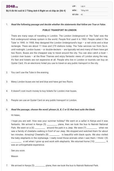 Bộ 8 đề thi cuối kì 2 Tiếng Anh 6 Right on có đáp án (Đề 4)