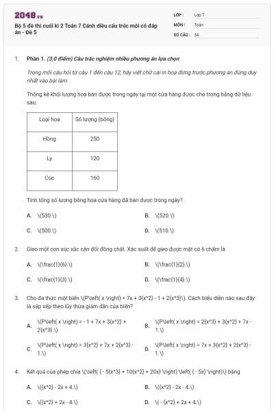Bộ 5 đề thi cuối kì 2 Toán 7 Cánh diều cấu trúc mới có đáp án - Đề 5