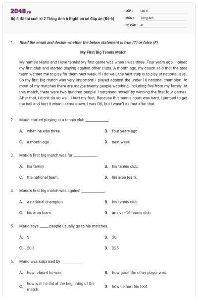Bộ 8 đề thi cuối kì 2 Tiếng Anh 6 Right on có đáp án (Đề 6)