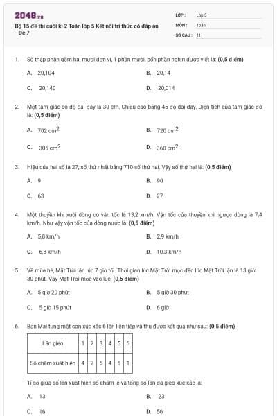 Bộ 15 đề thi cuối kì 2 Toán lớp 5 Kết nối tri thức có đáp án - Đề 7