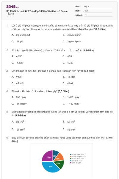 Bộ 15 đề thi cuối kì 2 Toán lớp 5 Kết nối tri thức có đáp án - Đề 10