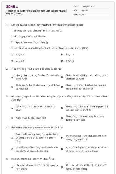 Tổng hợp 20 đề thi thpt quốc gia môn Lịch Sử Hay nhất có đáp án (Đề số 7)
