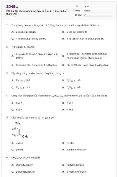 230 Bài tập Hidrocacbon cực hay có đáp án (Hidrocacbon thơm- P1)