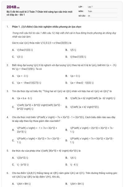 Bộ 5 đề thi cuối kì 2 Toán 7 Chân trời sáng tạo cấu trúc mới có đáp án - Đề 1