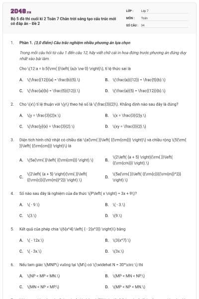 Bộ 5 đề thi cuối kì 2 Toán 7 Chân trời sáng tạo cấu trúc mới có đáp án - Đề 2