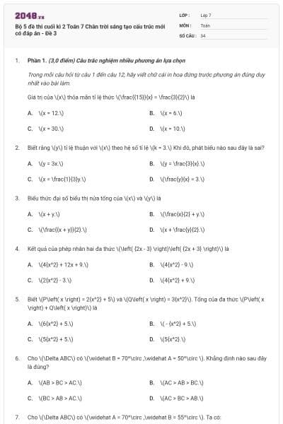 Bộ 5 đề thi cuối kì 2 Toán 7 Chân trời sáng tạo cấu trúc mới có đáp án - Đề 3