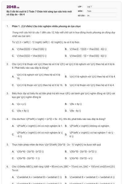 Bộ 5 đề thi cuối kì 2 Toán 7 Chân trời sáng tạo cấu trúc mới có đáp án - Đề 4