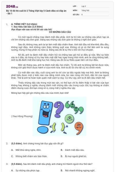 Bộ 10 đề thi cuối kì 2 Tiếng Việt lớp 5 Cánh diều có đáp án - Đề 1