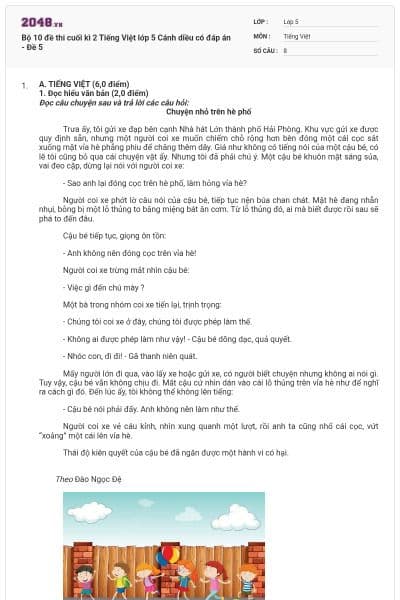 Bộ 10 đề thi cuối kì 2 Tiếng Việt lớp 5 Cánh diều có đáp án - Đề 5