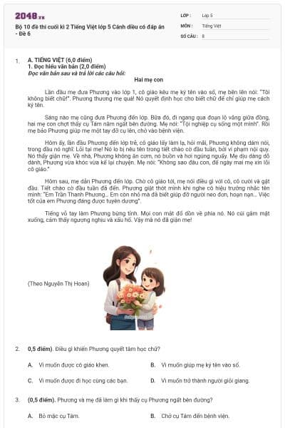 Bộ 10 đề thi cuối kì 2 Tiếng Việt lớp 5 Cánh diều có đáp án - Đề 6