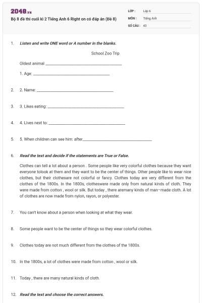 Bộ 8 đề thi cuối kì 2 Tiếng Anh 6 Right on có đáp án (Đề 8)